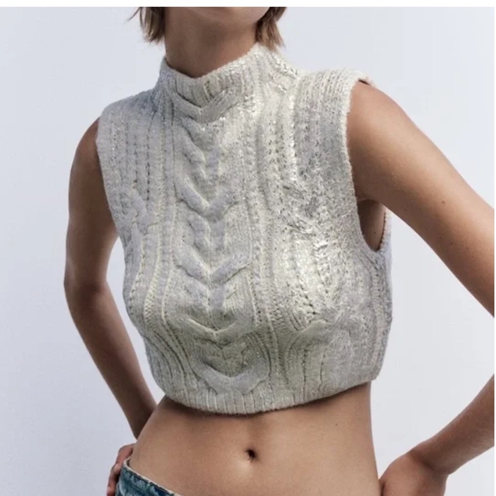 NWT Zara Gold Metallic Cable Knit Sweater Vest